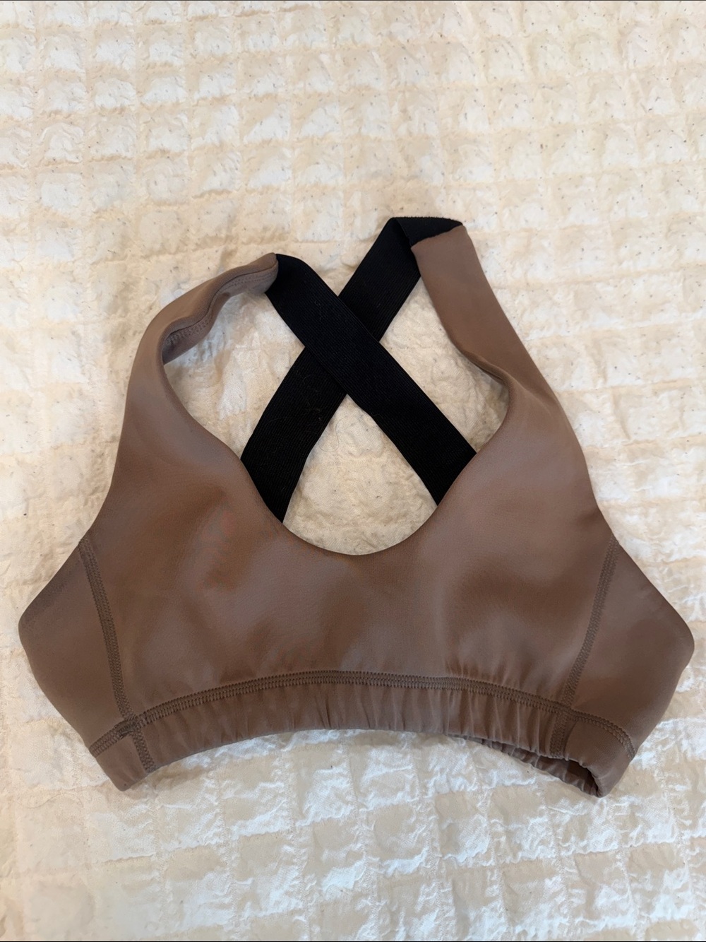 Cross-Back Sports Bra in Taupe with Black Straps